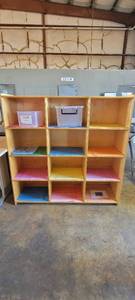 lot 39723 image: Wooden 12-Compartment Shelf W Contents