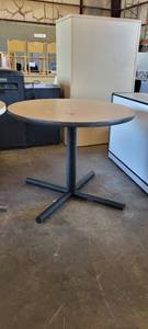 lot 39821 image: Blonde Round Table W a Metal Base