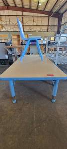 lot 39826 image: Childrens Blonde Work Table W Light Blue Legs and a Blue Chair