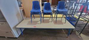 lot 39943 image: Gray Laminate Worktable W 6 Blue Chairs