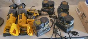 lot 45366 image: Lot of 2 Dewalt DC385 Variable Speed Reciprocating Saws, Dewalt Cordless Drill, and 18V Dewalt Batteries  Chargers