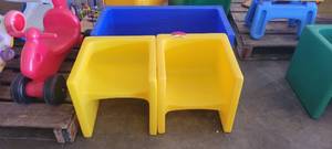 lot 39877 image: Blue Plastic Childrens Couch and 2 Yellow Chairs
