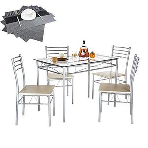 lot 6469 image: VECELO Dining Table with 4 Chairs 4 Placemats Included- Silver X-Large