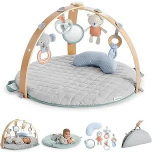 lot 7625 image: Ingenuity Cozy Spot Reversible Duvet Activity Gym & Play Mat with Wooden Bar - Loamy, Ages Newborn 