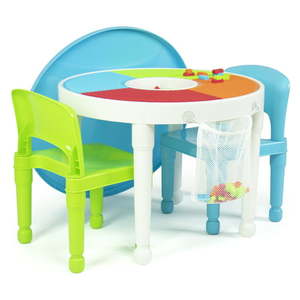 lot 7692 image: Humble Crew Kids 2-in-1 Plastic Activity Table and 2 Chairs Set Round White Blue & Green