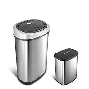 lot 7476 image: NINESTARS CB-DZT-50-98-1 Automatic Touchless Infrared Motion Sensor Trash Can Combo Set, 13 Gal 50L & 2 Gal 8L, Stainless Steel Base (Oval & Rectangular, SilverBlack Lid) (B0031M9H3A)