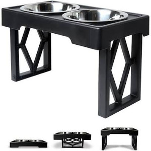 lot 7492 image: Pet Zone Designer Diner Adjustable Elevated Dog Bowls - Adjusts to 3 Heights, 2.75��, 8, & 12 (Raised Dog Dish with Double Stainless Steel Bowls) Black