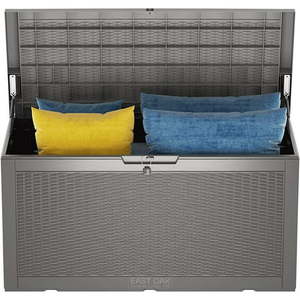 lot 7734 image: EAST OAK 100 Gallon Large Deck Box Outdoor Storage Box with Padlock for Patio Furniture Patio Cushions Gardening Tools Pool Supplies Waterproof and UV Resistant 660lbs Weight Capacity Grey