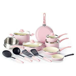 lot 1571 image: GreenLife CC002377-001 Grip Cookware Set, 16-Piece, Soft Pink