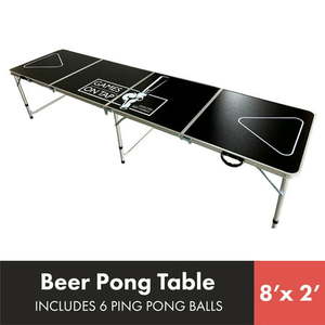 lot 1586 image: Games On Tap 8 Foot Beer Pong Table, Foldable, Adjustable and Portable with 6 Pong Balls Included, Black, Model Number GT8BP (B087RRDB7H)