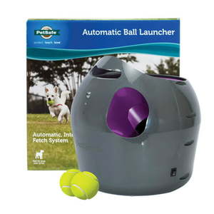 lot 2042 image: PetSafe Automatic Tennis Ball Launcher Interactive Dog Ball Thrower Adjustable Range Motion Sensor Indoor &amp Outdoor Toy AC Power or Batteries Fetch Machine for Small to Large Dogs , Gray (B072J4KCVP)
