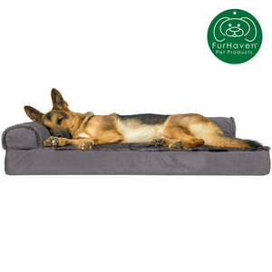 lot 2047 image: FurHaven Pet Products  Deluxe Orthopedic Plush & Velvet L-Shaped Chaise Couch Pet Bed for Dogs & Cats Platinum Gray Jumbo