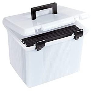 lot 7614 image: Pendaflex Portable File Box, Frosted White, Hinged Lid with Double Latch Closure, 3 Black Letter Size Hanging Folders Included (41745AMZ) (B09KDPWYWT)