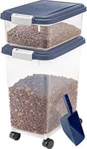 lot 2051 image: 2 Pack Iris Pet Food and Snack Storage Bins with Snap Lids, Scoop and Wheels