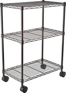 lot 2082 image: Amazon Basics 3-Shelf Adjustable, Heavy Duty Storage Shelving Unit on 4 Wheel Casters, Metal Organizer Wire Rack (May be Incomplete)