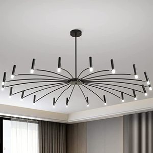 lot 7598 image: LED Black Chandelier for Dining Room Modern Ceiling Hanging Light Height Adjustable Pendant Lighting Fixture (stock photo approximate)