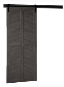 lot 1647 image: Twin Star Home Chevron 36 in. x 84 in. Weathered Gray Finished Wood Sliding Barn Door with Hardware Kit