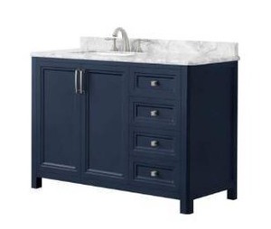 lot 1651 image: Home Decorators Collection Sandon 48 in. W x 22 in. D Bath Vanity in Midnight Blue with Marble Vanity Top in Carrara White with White Basin - Retail $1050.00