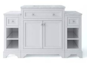 lot 1655 image: Home Decorators Collection Mornington 54 in. W x 21 in. D Single Bath Vanity in White with Marble Vanity Top in White with White Sink - Retail $779.99