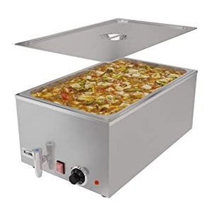 lot 7752 image: Commercial Bain Marie Countertop Food Warmer Soup Station and Buffet Table Server with One Serving Section and Tap Stainless-Steel Steamer with Auto Shut Off in Silver