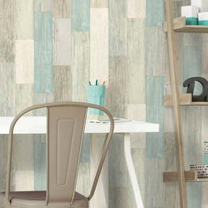 lot 5972 image: RoomMates Coastal White and Blue Weathered Wood Planks Peel and Stick Wallpaper 20.5x16.5ft