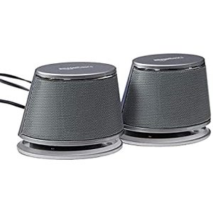 lot 5987 image: Amazon Basics USB Plug-n-Play Computer Speakers for PC or Laptop - 1 Pair (2 Speakers), Silver with Blue LED Light (B07DDGBL5T)