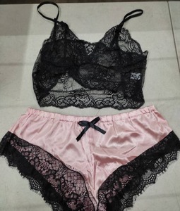 lot 6036 image: Satin Pink and Black Lace Lingerie Size Large