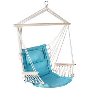 lot 10325 image: Hanging Hammock Chair with Wooden Arms - Aqua Blue - Backyard Expressions