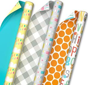 lot 5971 image: Hallmark All Occasion Reversible Wrapping Paper Bundle - Baby (3 Rolls - 75 sq. ft. ttl) Clouds, ABCs, Bottles, Polka Dots, Solid Blue, Gray Gingham