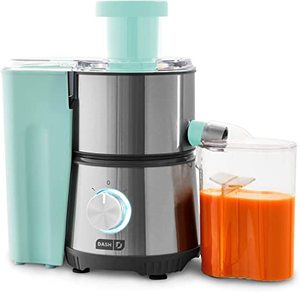 lot 5994 image: Dash Compact Centrifugal Juicer, Press Juicing Machine, 2-Speed, 2 Wide Feed Chute for Whole Fruit Vegetable, Anti-drip, Stainless Steel Sieve - Aqua
