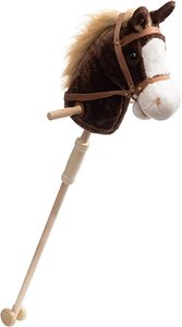 lot 7832 image: HollyHOME Outdoor Stick Horse with Wood Wheels Real Pony Neighing and Galloping Sounds Plush Toy Chocolate 36 Inches(AA Batteries Required)