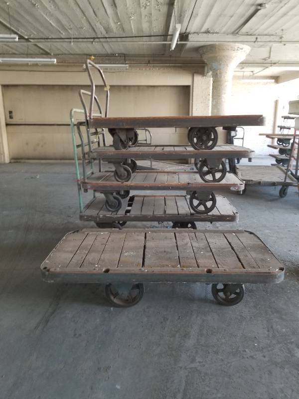 lot 23228 image: (1)Vintage Industrial WoodenMetal Heavy Duty Warehouse Factory Pull CartCoffee Table First Come First Served 6ft x 3Ft