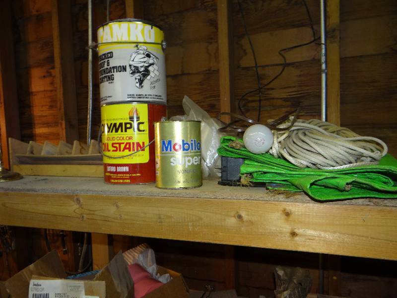 lot 1104 image: Misc Stuff On Shelf, Nails, Basket, Trap, Rope, Stain, & Filling Boxes.
