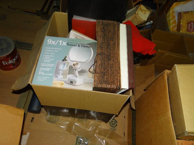 lot 1117 image: Large Assortment Mirrors, Brief Cases, Pictures 3 Cases Of Baskets Old Polery Camera Office Supply & Esc.