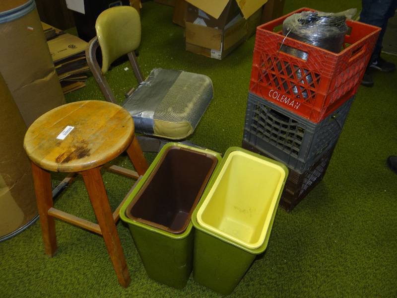 lot 1198 image: Chair, Stool, 5 Trash Cans Plastic & 3 Crates WTwine.