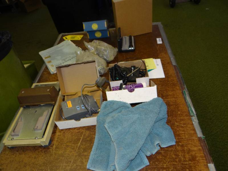 lot 1200 image: Table WContents Old Card Machine, Mag Light.