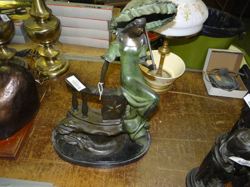 lot 1215 image: Bronze Statue Of Woman With Umbrella Very Nice & Heavy.