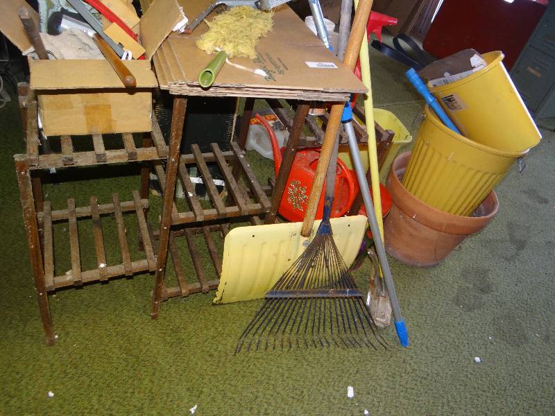 lot 1266 image: Plant Stand & Contents Snow shovel Rake & Squeegee.