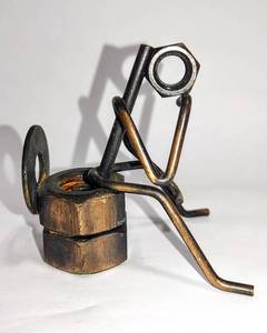 lot 15771 image: Vintage Folk Art - Nuts & Bolts Handmade Metal Sculpture - Man on Toilet - The Thinker