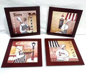 lot 15782 image: Italian Bistro Kitchen Chef, 8 x 8 each, Tile On Wood Wall Plaques (or Trivets) with Art from Jo Parry