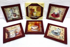 lot 15783 image: 2006 Coffee Shop Wall Decor 8 Tile on Wood Plaques Signs (or Trivets) Lot of 6