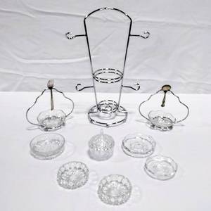 lot 15792 image: Vintage Starburst Glass Jam Condiment Bowls with Holders & More