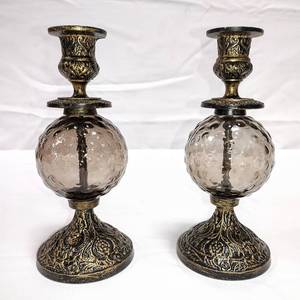 lot 15794 image: Pier 1 Imports 8 Tall Candle Stick Holders - Smoke Color, Hobnail Style Glass