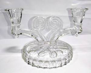 lot 15795 image: Vintage Jeannette Glass Cosmos Double Candlestick Holder, Berry Pattern Base