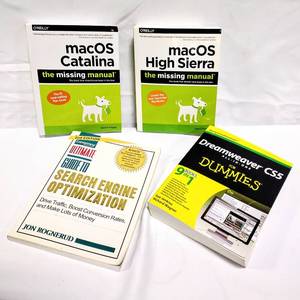 lot 15809 image: Lot of 2 macOS Catalina The Missing Manual Books,  Dreamweaver CS5 All-in-One For Dummies, & Ultimate Guide to Search Engine Optimization Books