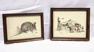 lot 15815 image: Framed Art from Texas Artist Diana Hendrix - Armadillo & Horses on Farm (Measurements in Photos)