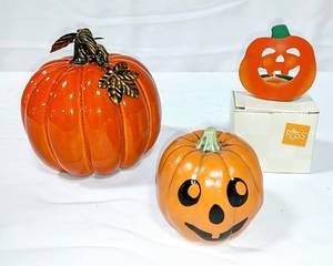 lot 15829 image: Lot of 3 Collector Pumpkin HalloweenFall Decor - Including a Hand Painted Metal Votive Holder from RUSS