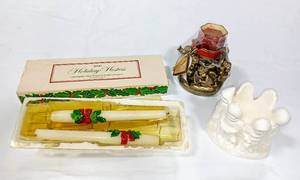 lot 15847 image: Lot of 2 Vintage AVON Holliday - Glow Of Christmas Candle Holder, 1980 - 2 Holiday Hostess Bayberry Taper Candles  Bonus Aromatique Circle of Angels wVotive Candle Holder