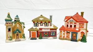 lot 15855 image: Vintage Grandeur Noel 2 Piece Village Display Illuminated Porcelain Set, Village Antiques & St. Nick Library  Bonus Victorian Village Church