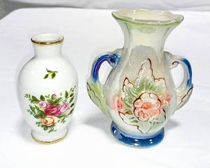 lot 15856 image: Lot of 2 Beautiful Vintage Bud Vases - Royal Albert ��Old Country Roses�� Bone China, 4 18 Tall & 1960 Lusterware Vase, Made In Brazil #420 wHandles, 5 14�� Tall